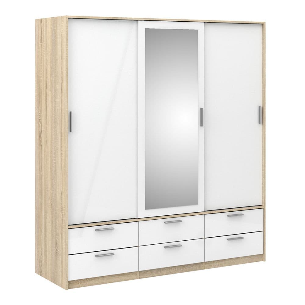 Linera Wardrobe - 3 Doors 6 Drawers in Oak with White High Gloss in Oak